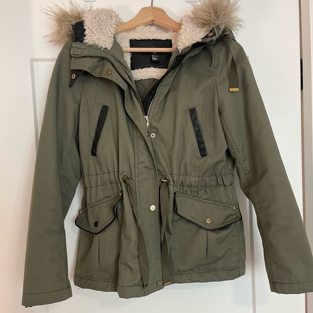 Green H&M Utility Jacket with Fur Hood